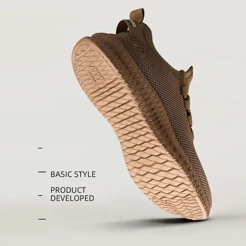 Men's lace-up knit sneakers by Simples Market, brown breathable mesh with non-slip beige sole