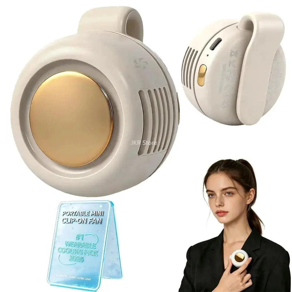 Simples Market portable clip-on bladeless fan, beige mini wearable for outdoor camping, with 3 speeds.