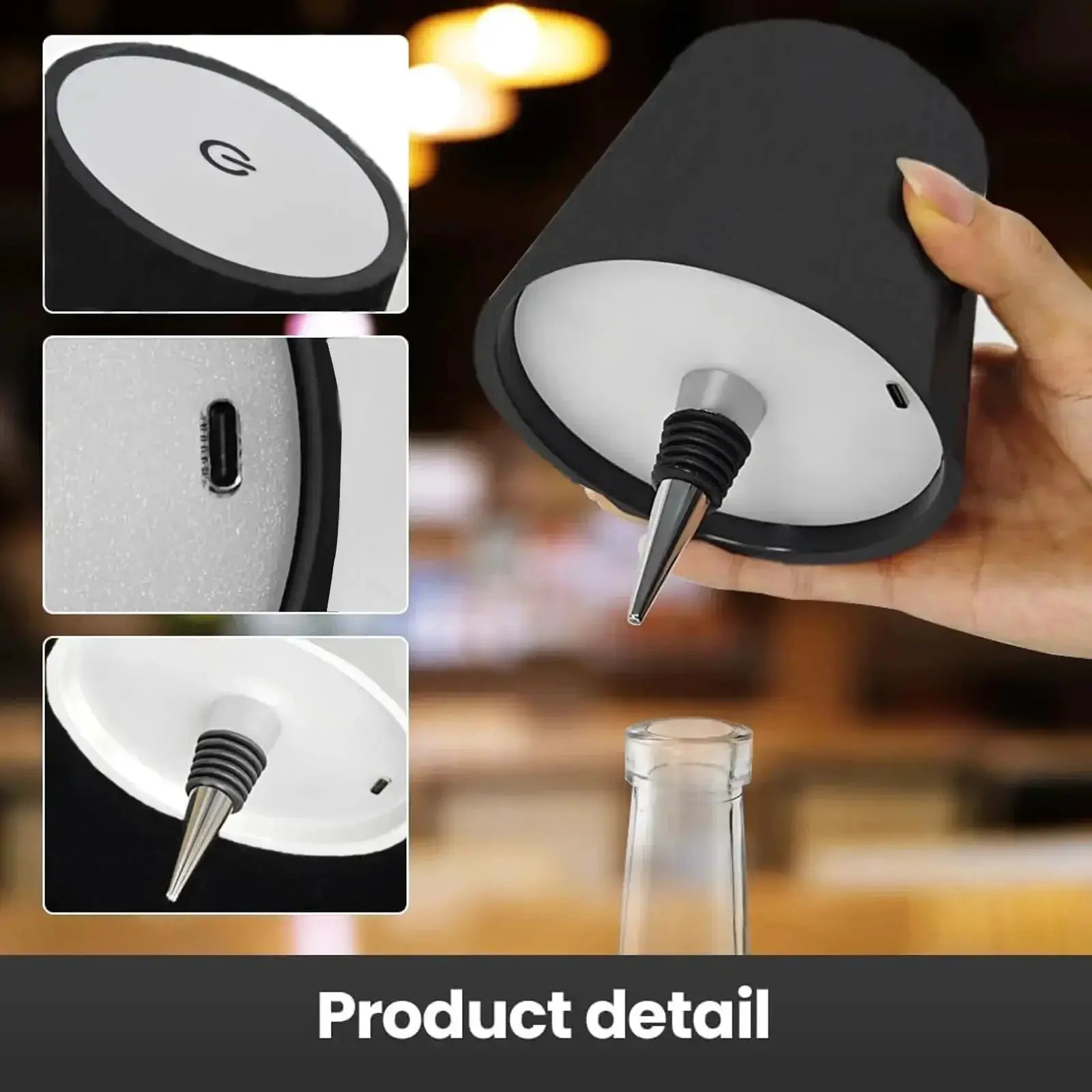 Lampe de table bouteille sans fil Simples Market, base noire, contrôle tactile, gradation continue, 3 couleurs, USB-C