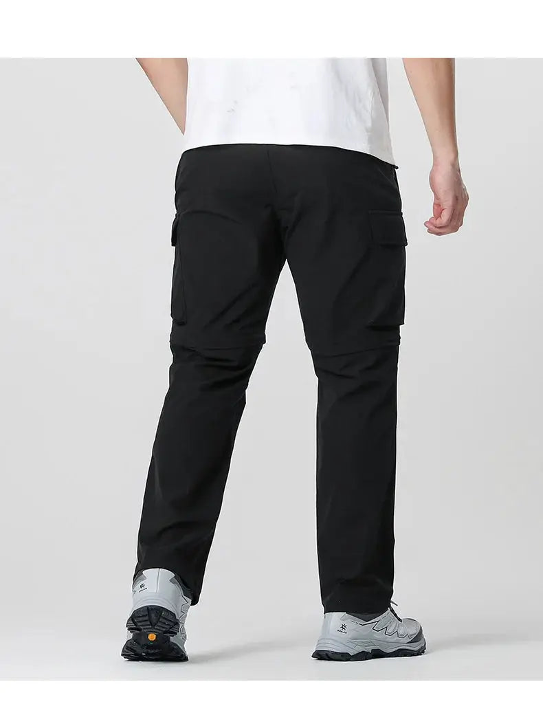 Men's cargo hiking pants by Simples Market, black with multiple cargo pockets for outdoor adventures.