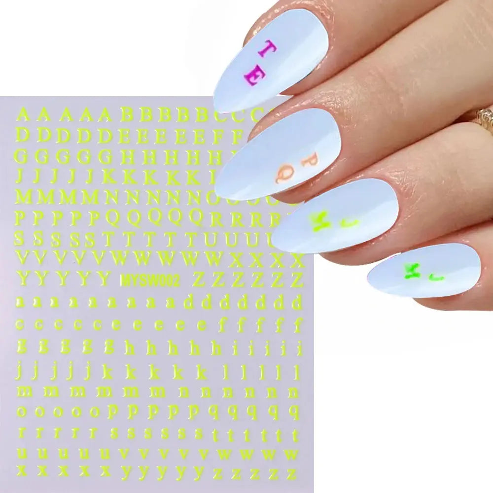 3D roman letter nail stickers sheet with neon yellow alphabet decals