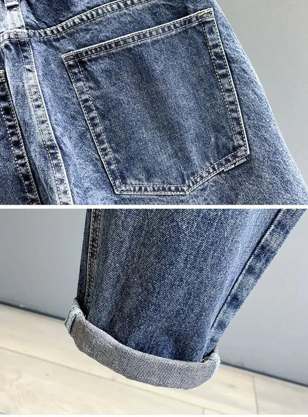 Blue denim jeans by Simples Market, Korean vintage loose tapered fit with rolled cuffs