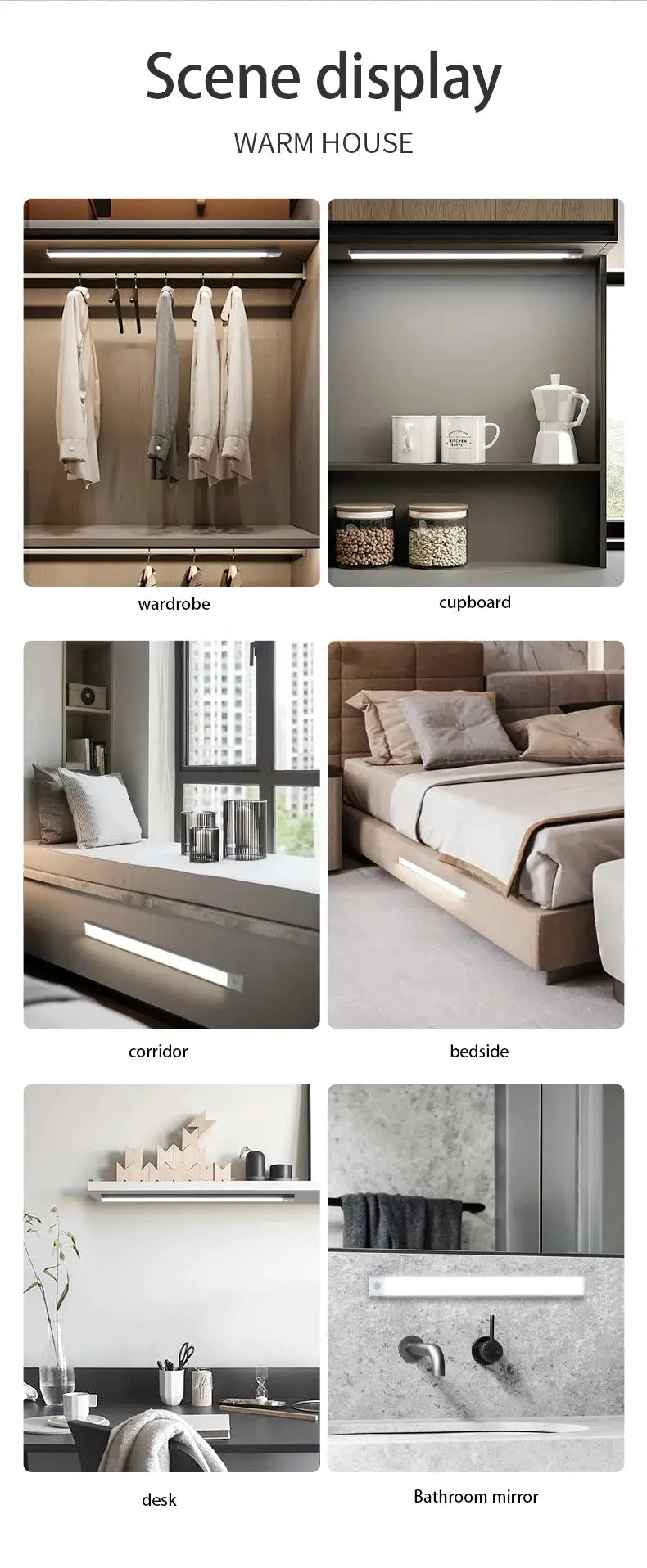 LED motion sensor under-cabinet light by Simples Market; white LED, wireless USB night light shown in 6 home scenes.
