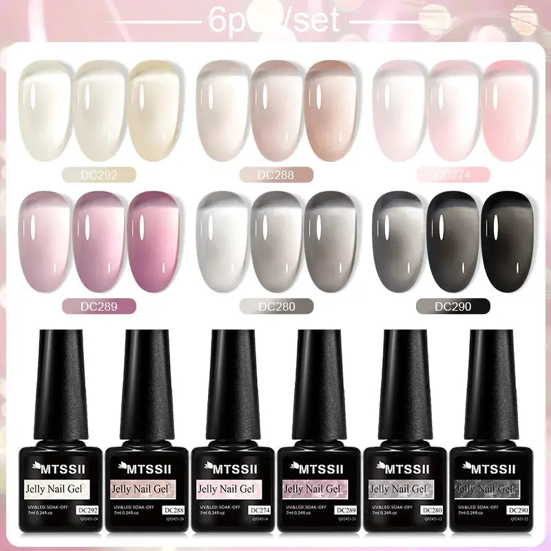 MTSSII Jelly Nail Gel 6pc Set by Simples Market; assorted jelly colors in glass bottles with black caps for soak-off UV nails