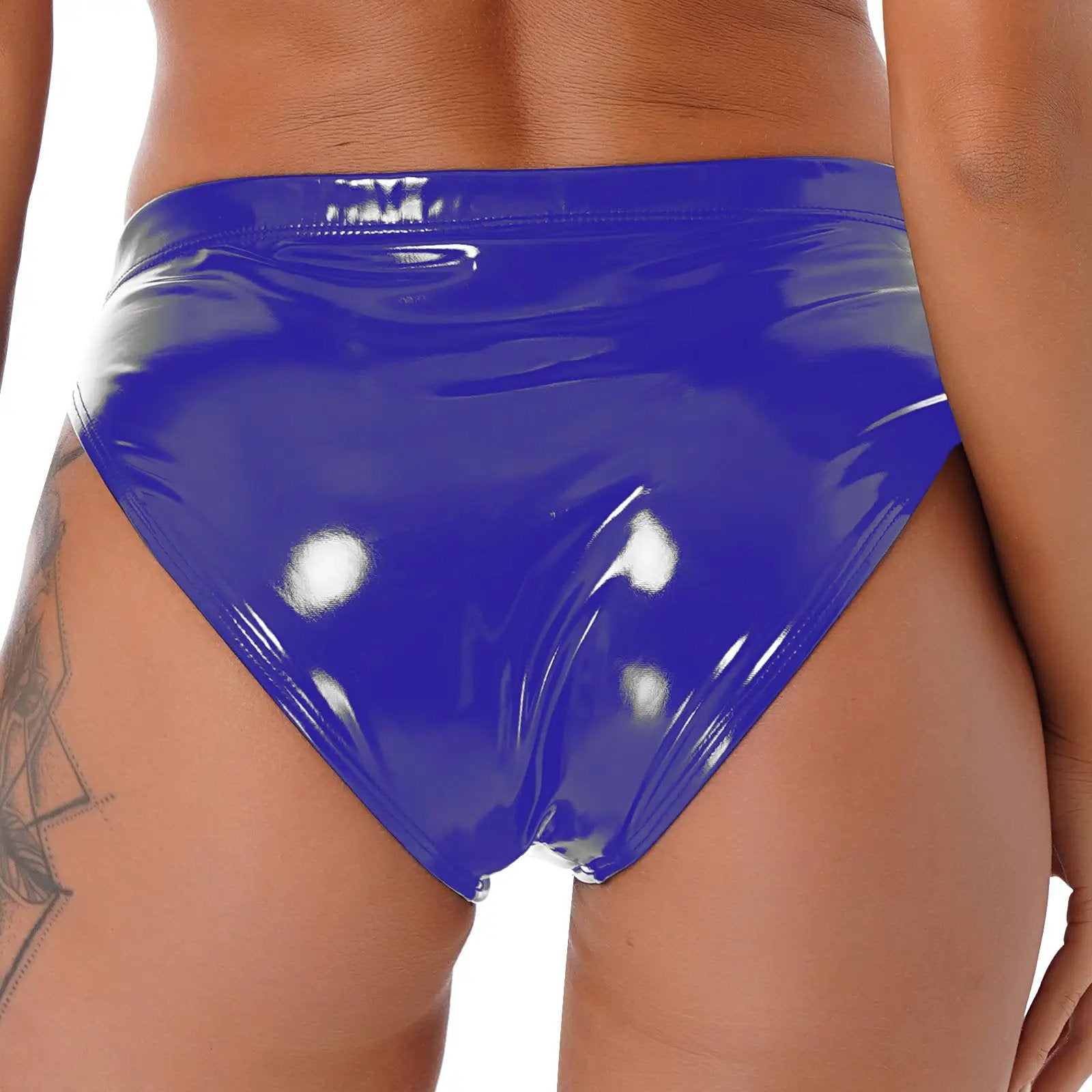 Womens blue wet-look patent leather briefs, low-rise bikini hot pants
