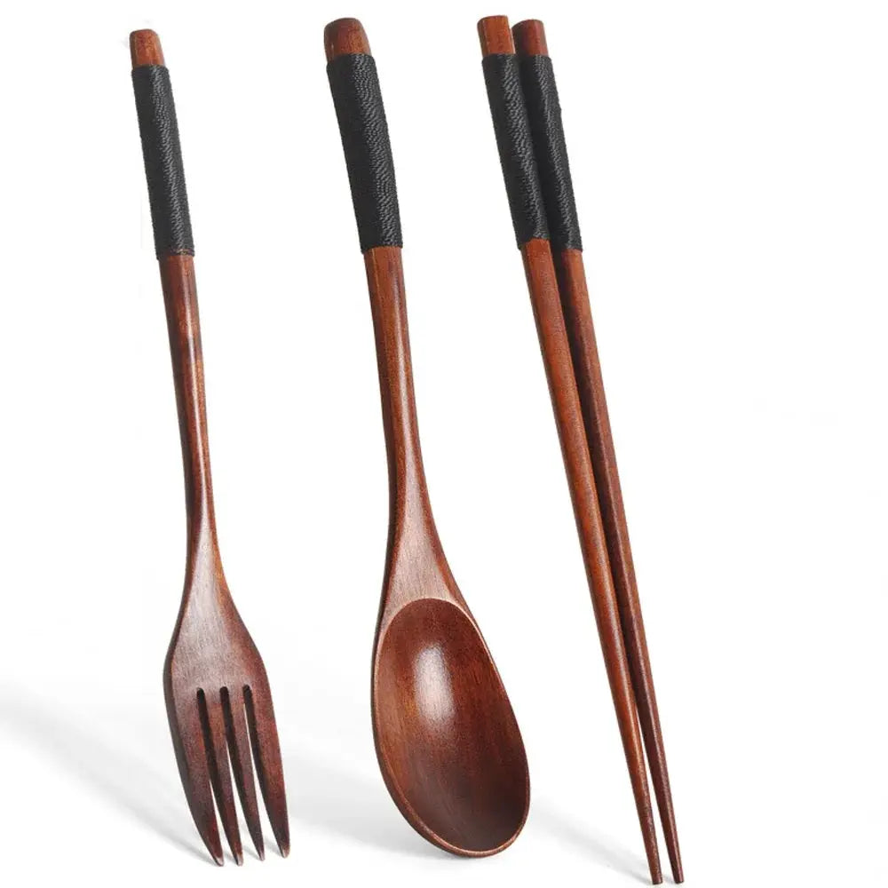 Natural Wood Tableware Three Piece Set Spoon Fork And Chopsticks Portable Travel Cutlery Eco Friendly Japan Style Design