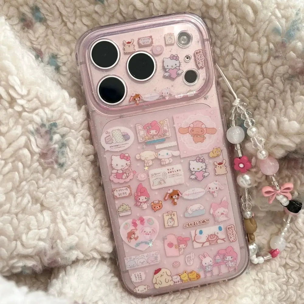 Pink Hello Kitty Melody phone case with pendant bracelet for iPhone Pro Max, covered in cute stickers