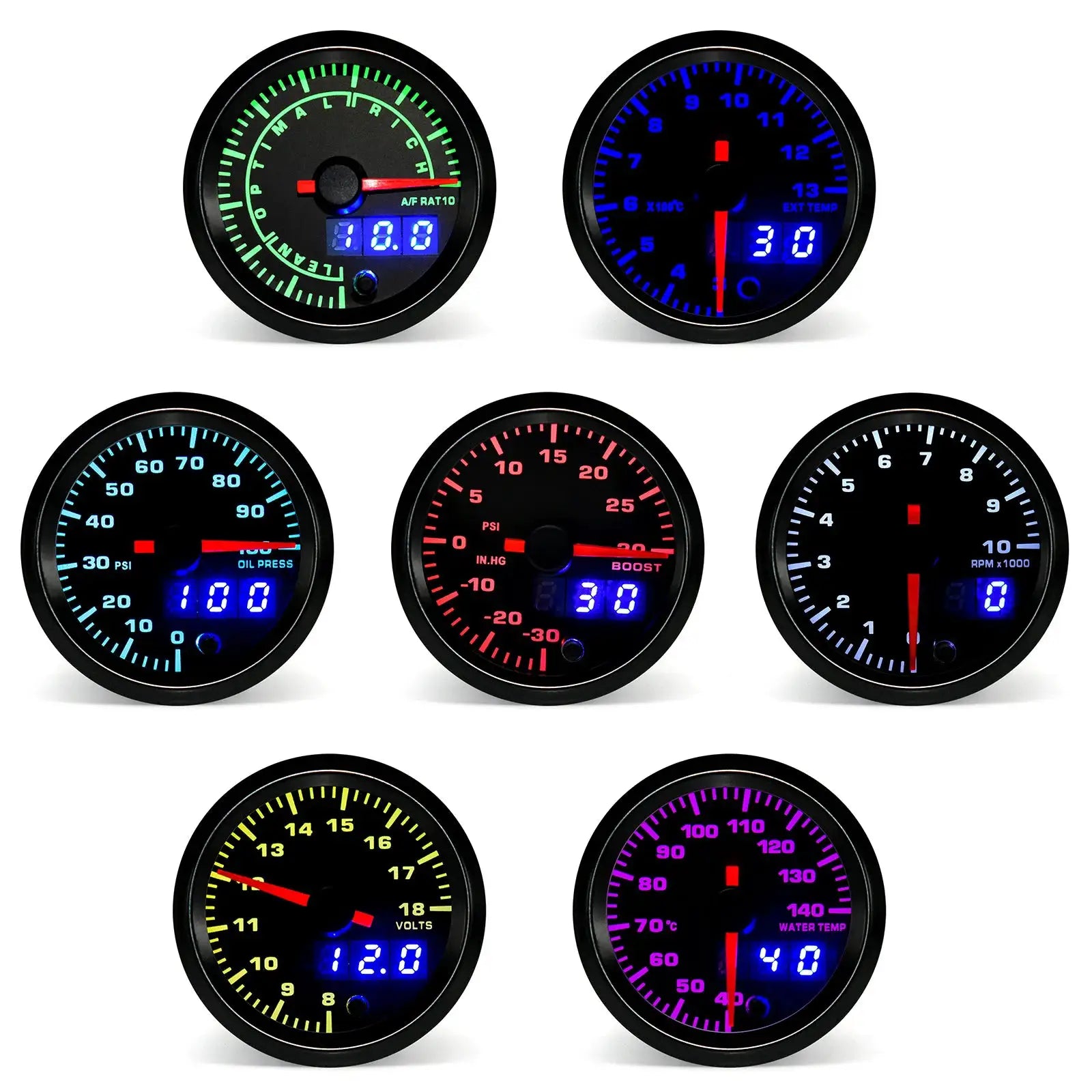 Simples Market 2-inch 52mm LED dual-display gauge set with multicolor backlight (9 gauges) for boost, oil temp, RPM.