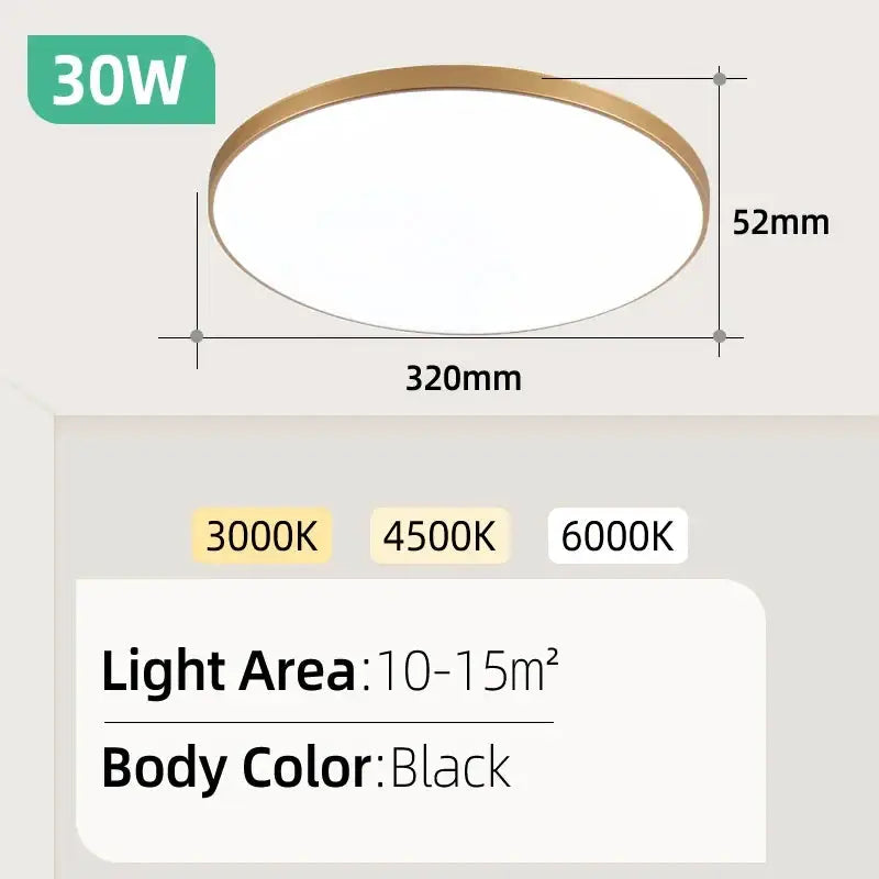 LED ceiling lamp round 30W with gold rim and white diffuser, 320mm diameter, 52mm height