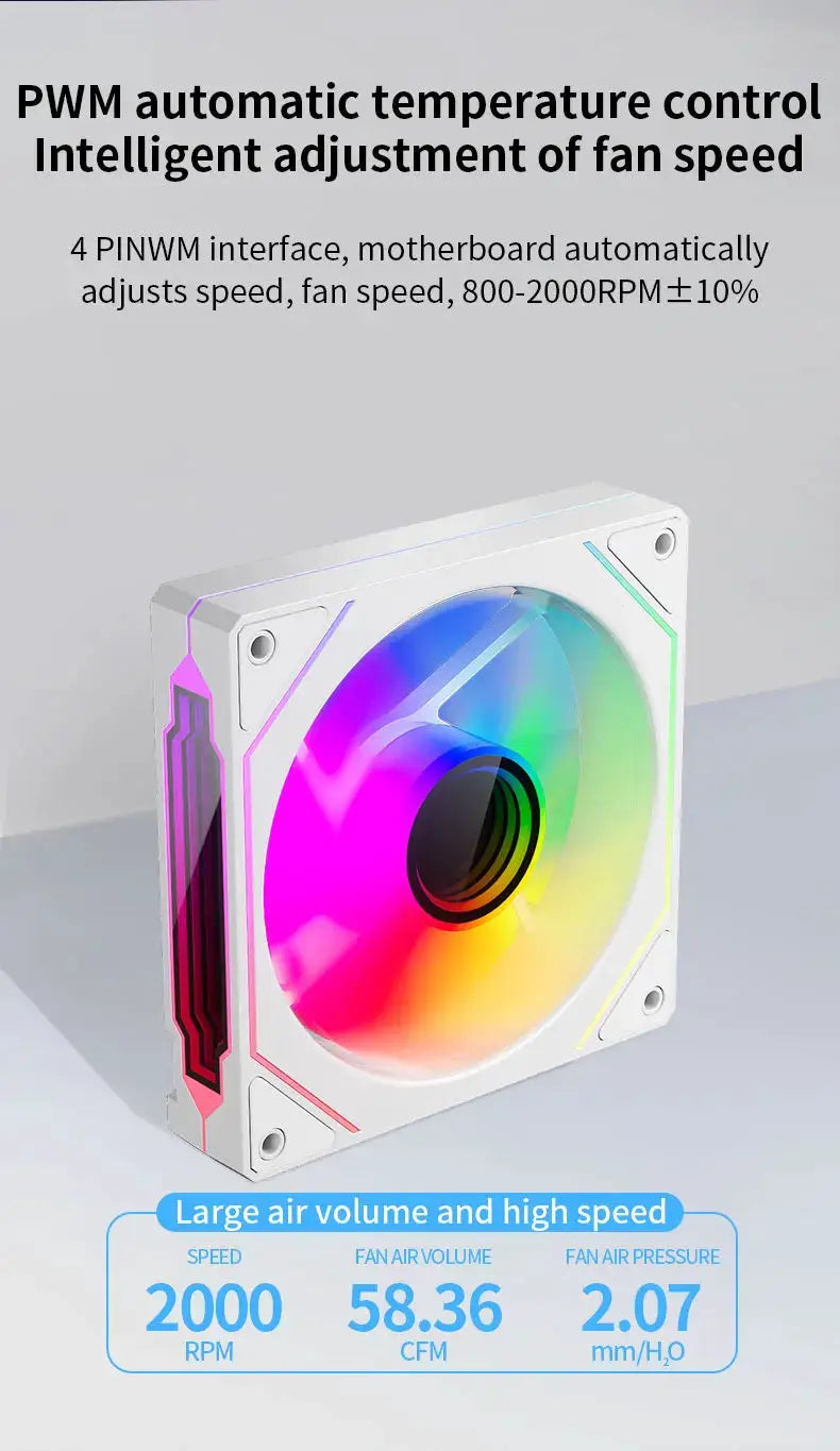 TEUCER LJ-4Pro ARGB 120mm PC case fan with white frame and rainbow mirror lighting, 4-pin PWM, up to 2000 RPM.