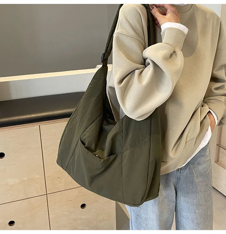 Shoulder bag by Simples Market, olive green soft cloth with side pocket