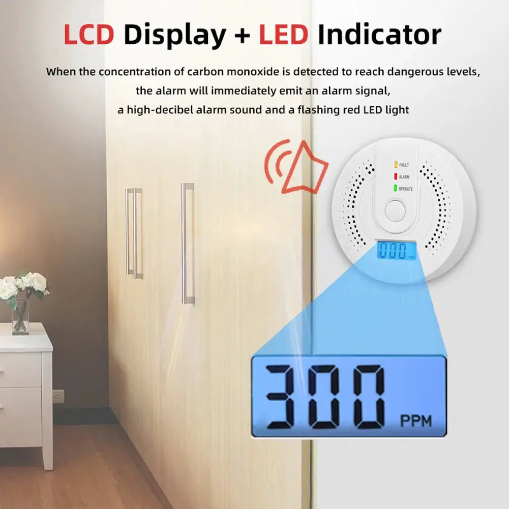 Digital CO detector with LCD display and LED indicators, white, battery-powered, showing 300 PPM