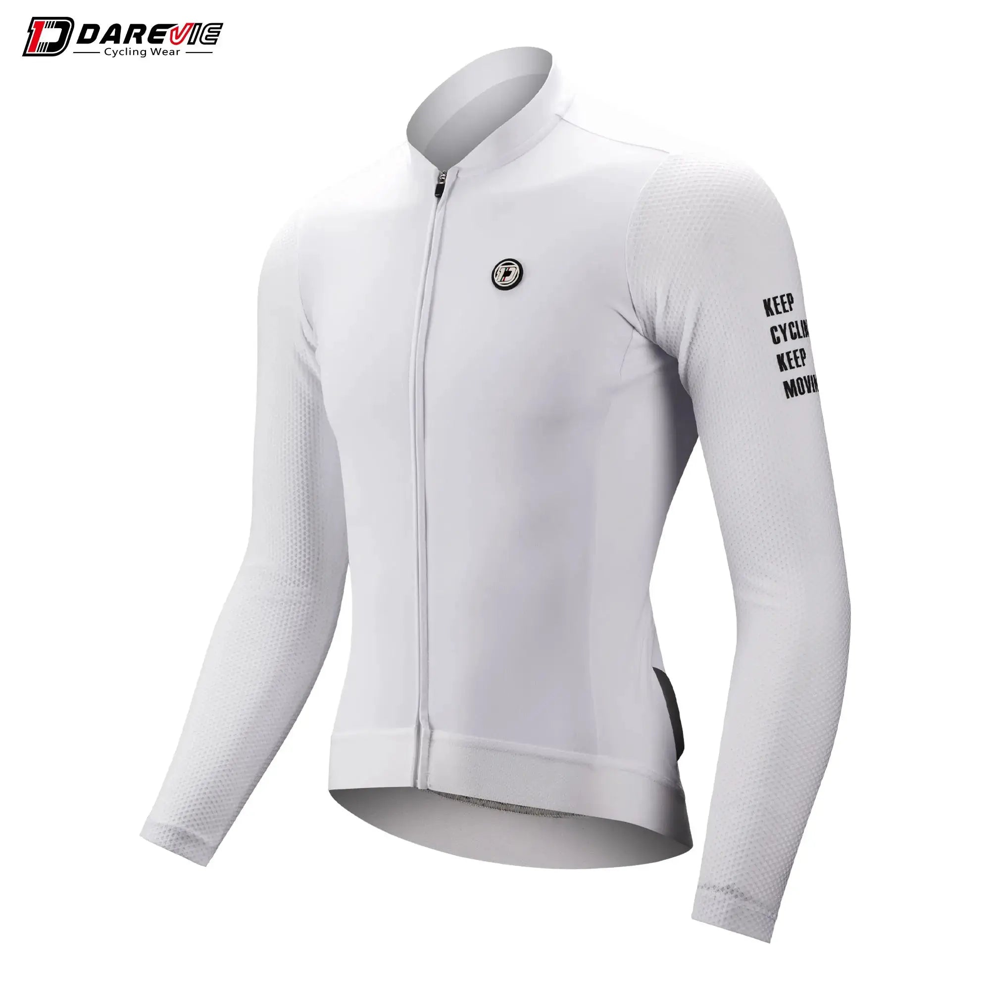 DAREVIE cycling jersey, white long-sleeve SPF 50+ breathable mesh sleeves with front zipper