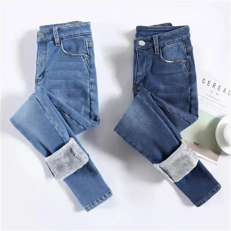 Women Thermal Skinny Jeans With Plush Lining Warm Winter Denim Pants