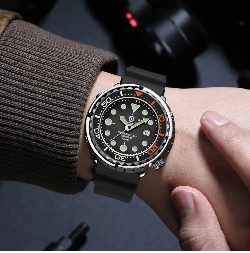 QINGXIYA men's quartz sports watch with black silicone strap, luminous dial, orange bezel