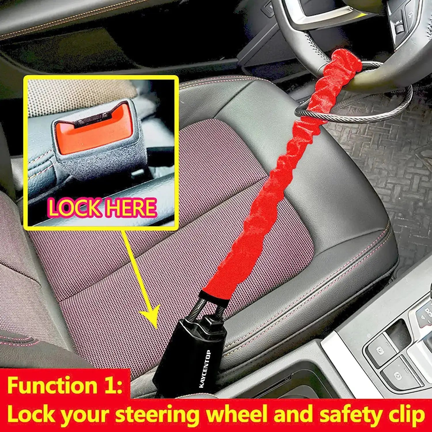 Car steering wheel lock with red braided cable and steel locking bar Kaycentop anti-theft device, fits most cars and SUVs