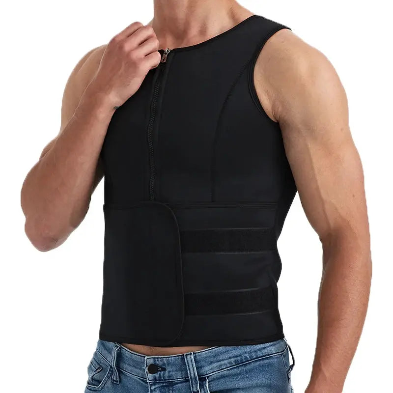 Simples Market men's waist trainer sauna vest in black with zip front and Velcro waist belt