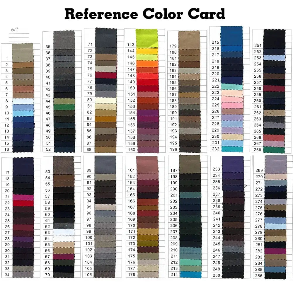 Allingentle women's pants suit color options reference card by Simples Market with dozens of fabric swatches