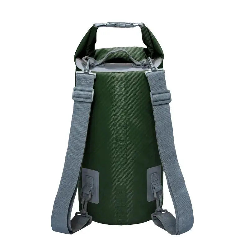 PVC waterproof dry bag in green with gray adjustable shoulder straps and top carry handle