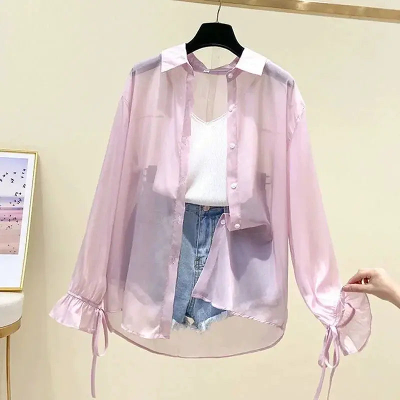 Simples Market pink chiffon blouse for women, sheer long sleeves with bow-tie cuffs