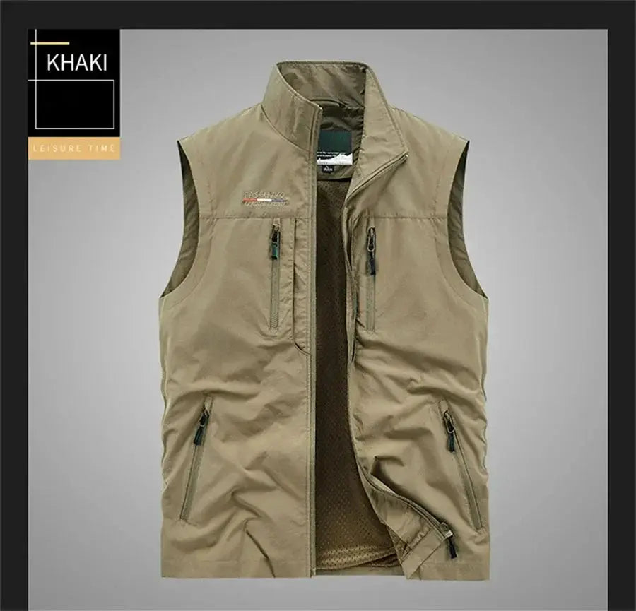 Sleeveless cargo vest in khaki with multiple zip pockets and mesh lining