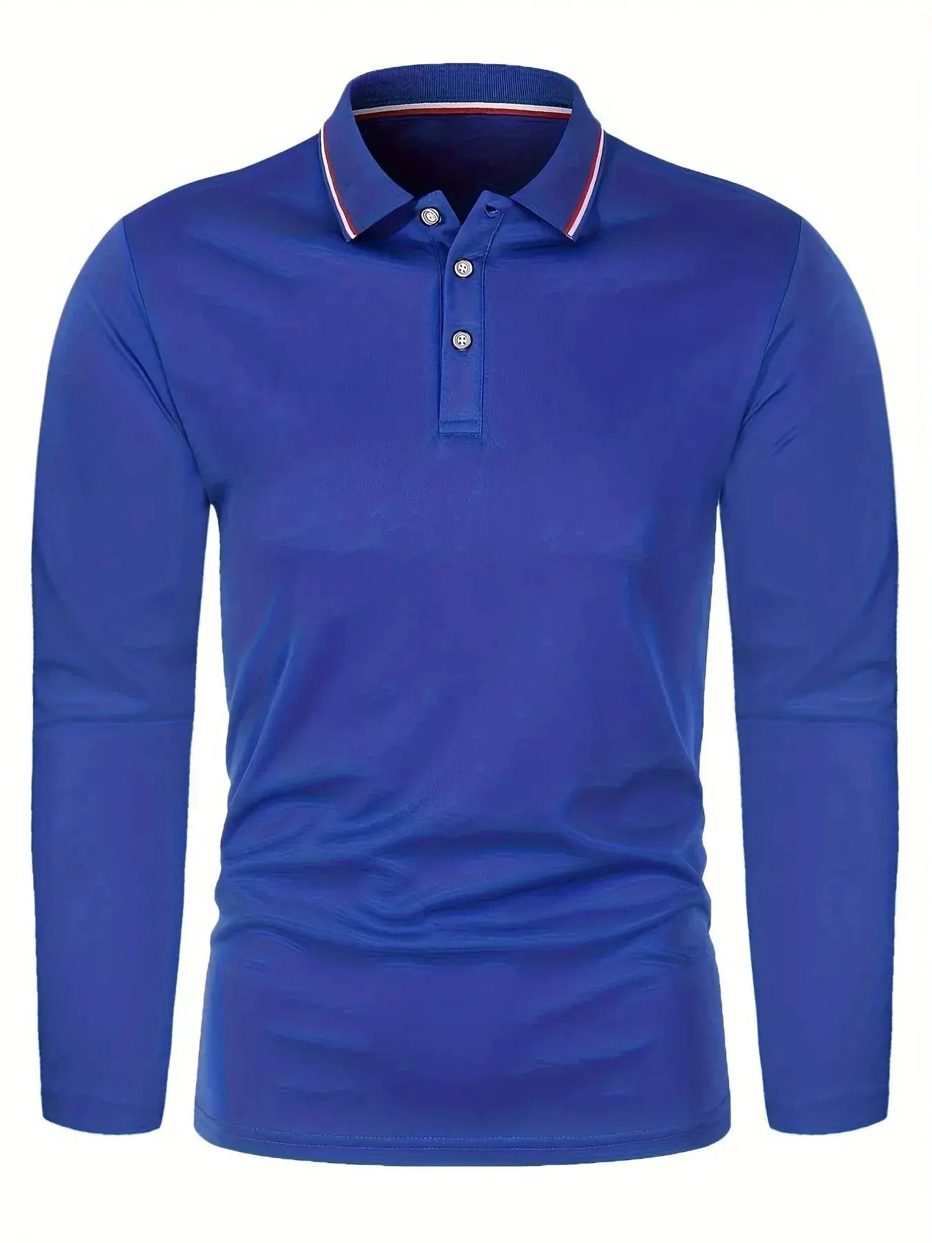 Men's blue long-sleeve polo shirt with striped collar and button placket
