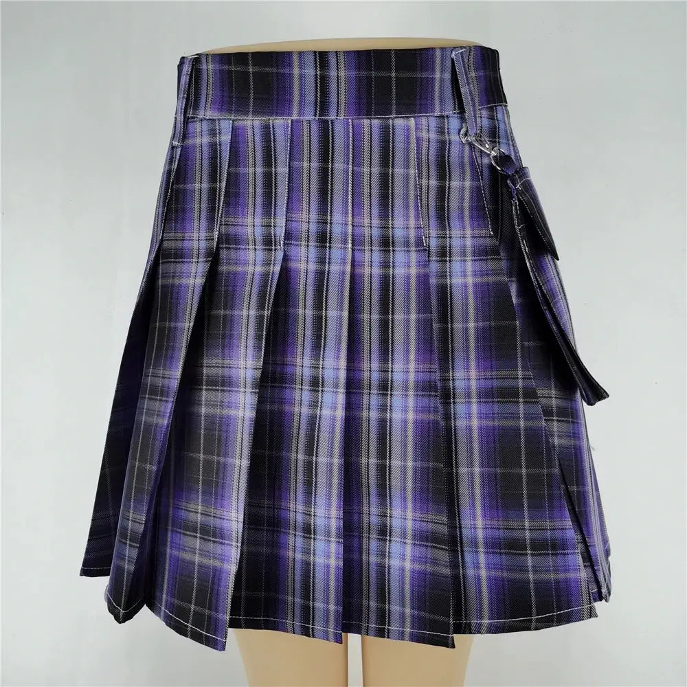 Harajuku punk gothic plaid pleated mini skirt, purple-black high-waisted streetwear with belt buckle