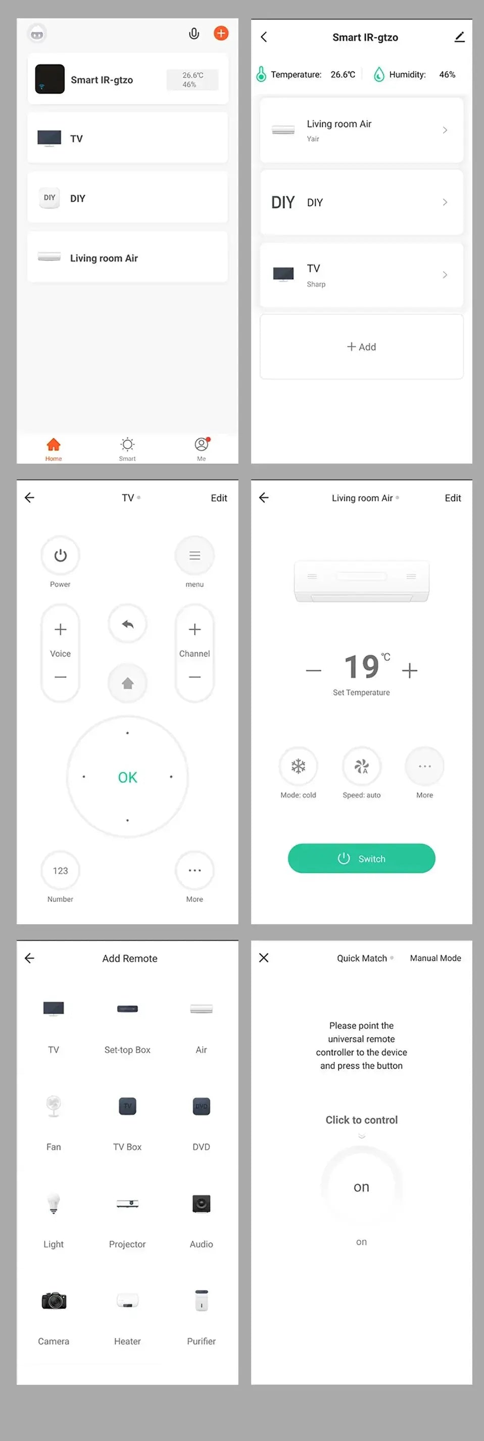 Tuya WiFi IR Remote by Simples Market; white smart device with temp/humidity sensor shown in app UI with TV, Air, DIY