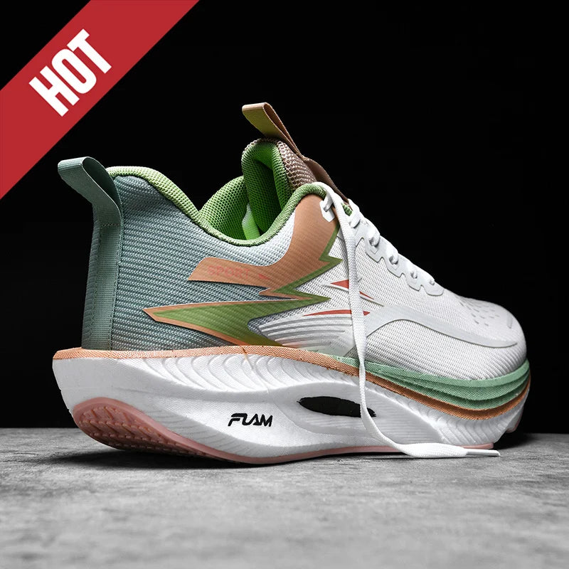 Simples Market running shoes, white with green and peach accents, breathable lightweight athletic sneakers.