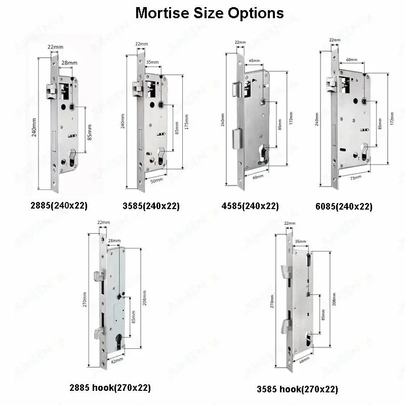 Waterproof sliding door smart lock by Simples Market, aluminum body; six mortise-size options shown.