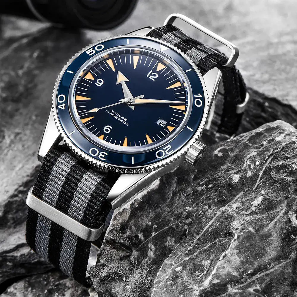 Simples Market 41mm sapphire glass automatic watch with blue dial and striped nylon strap, 100m water resistant