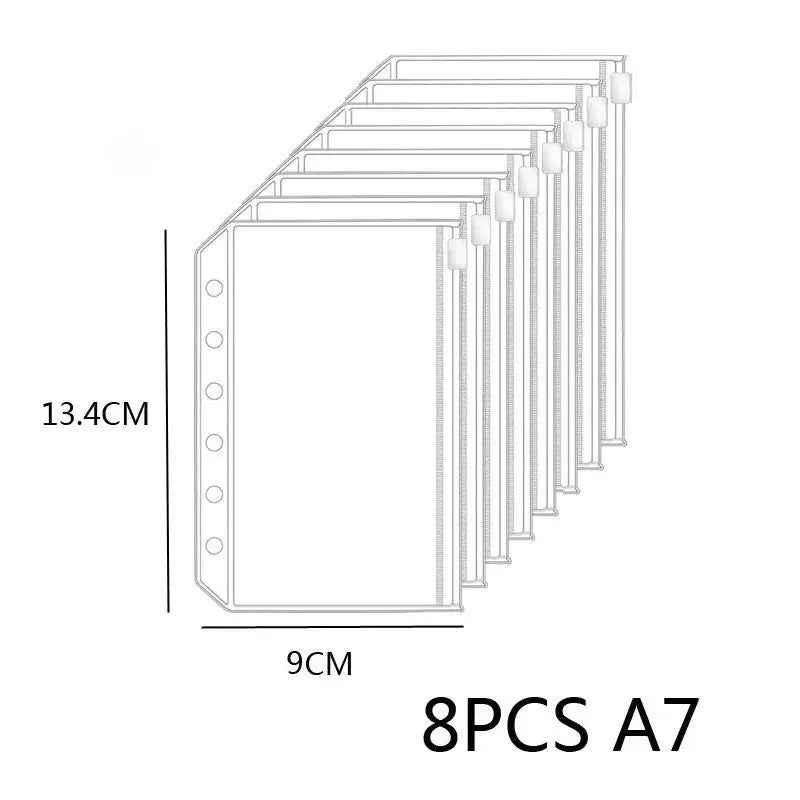 8-pack zippered PVC binder pockets for A7 size, transparent pouches