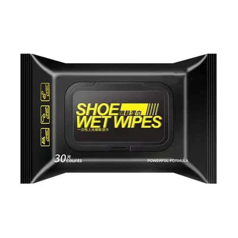 Shoe wet wipes pack, 30 counts, black resealable package with yellow SHOE WET WIPES label