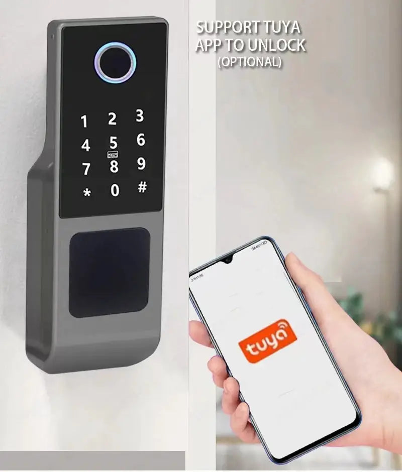 Fingerprint smart door lock Simples Market; outdoor waterproof with keypad and fingerprint reader, Tuya app unlock