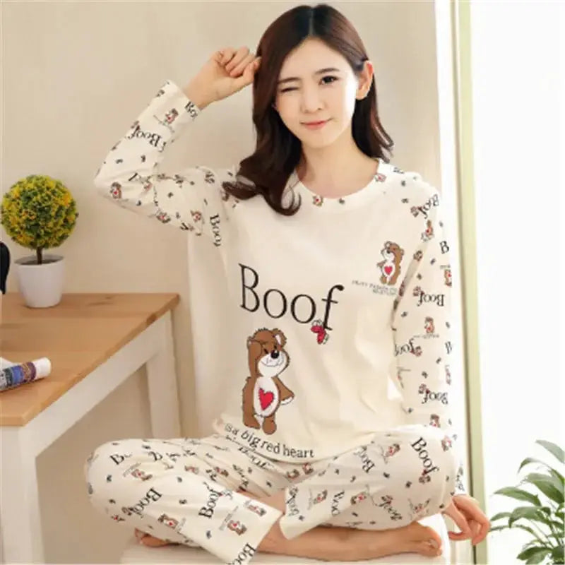 CozyCloud Autumn Thin 2 Piece Pajama Set Women Lightweight Breathable Sleepwear With Cartoon Teacup Cat Print