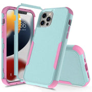 3‑Layer shockproof iPhone case in turquoise with pink bumpers