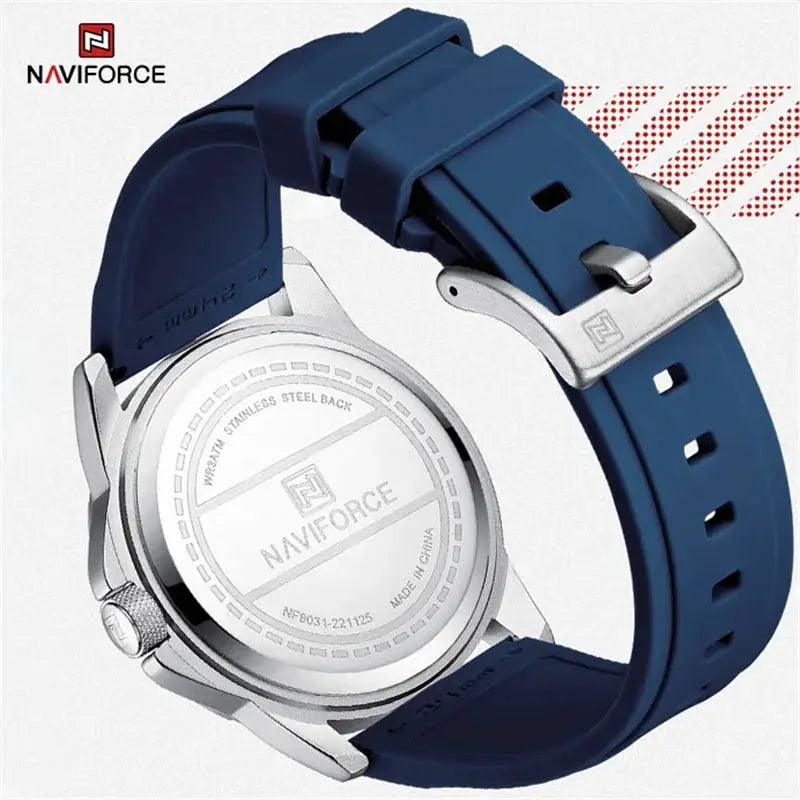 Naviforce men's wristwatch with blue silicone strap and stainless steel back