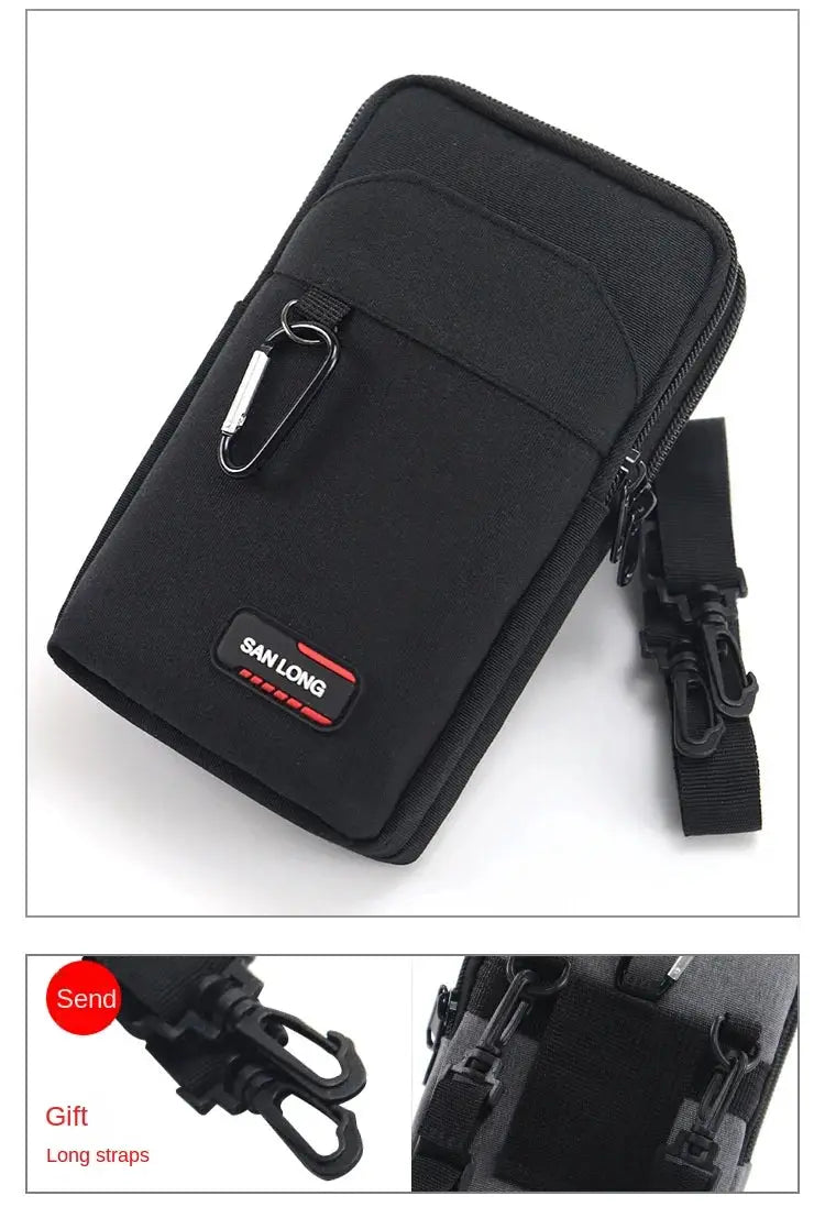 San Long men's black waist bag crossbody pouch, waterproof nylon with front zip pocket and detachable strap.
