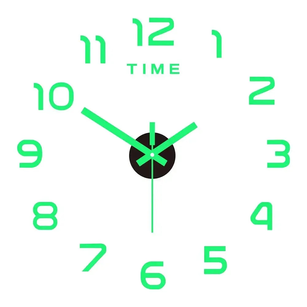Wall clock sticker in neon-green with oversized digits and black center decorative clock