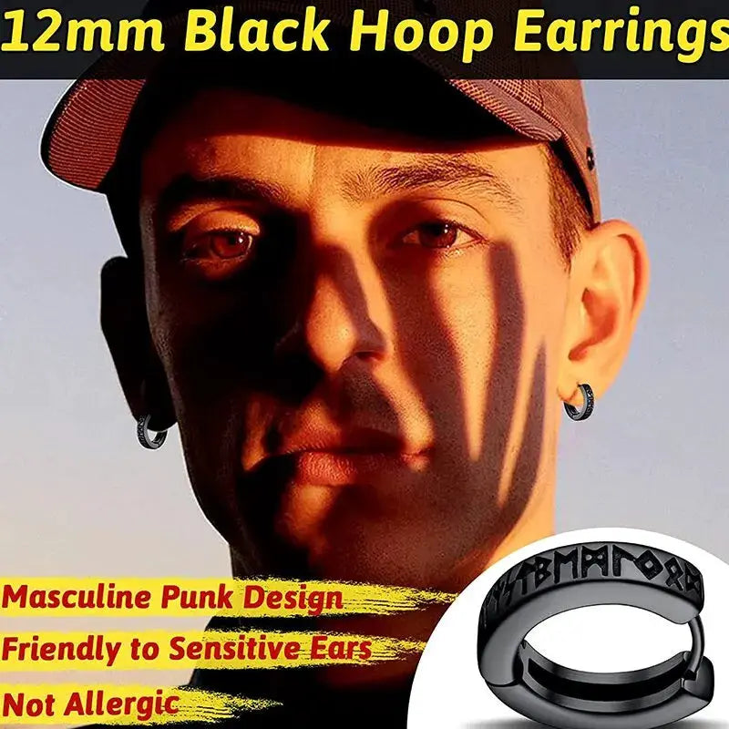 Stainless Steel Viking Rune Hoop Earrings Unisex 12mm Huggie For Men Women Nordic Religious Jewelry