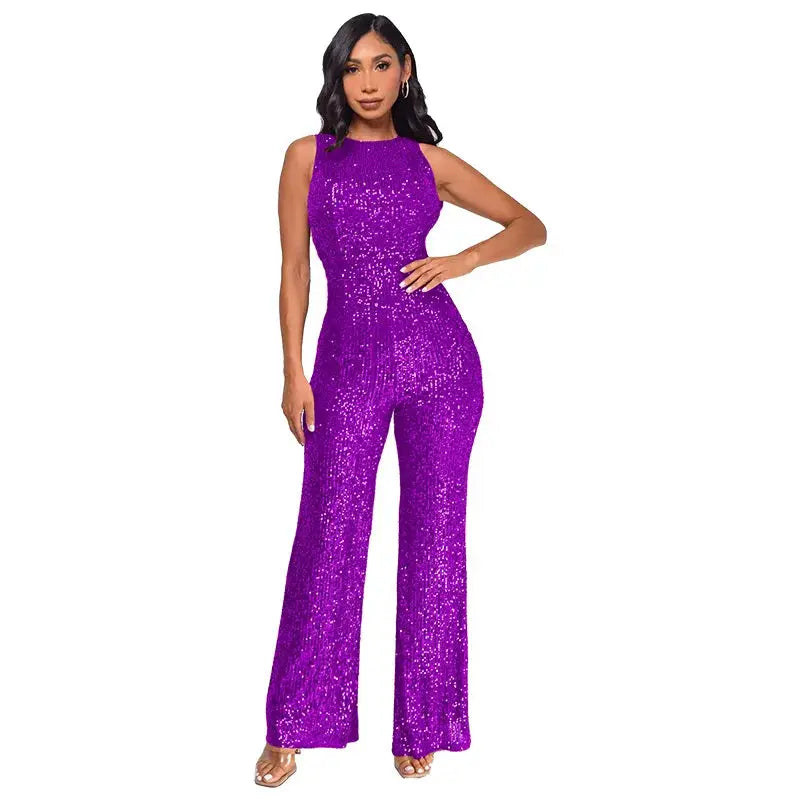 Sequin jumpsuit for women, sparkling purple, sleeveless, high-waist by Simples Market