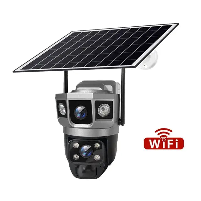 V380 Pro solar WiFi CCTV camera with dual lenses and outdoor solar panel