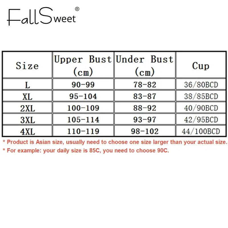 FallSweet bra size chart for plus-size wireless front-closure bra, listing upper and under bust ranges from L to 4XL.