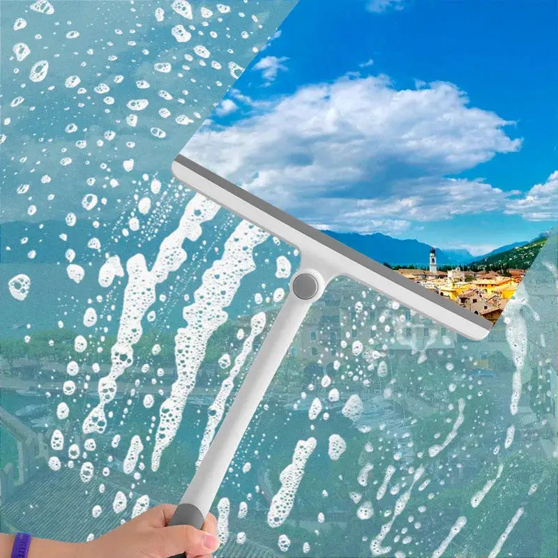 360 Degree Rotatable Shower Squeegee with silicone holder, white and gray, for cleaning glass surfaces