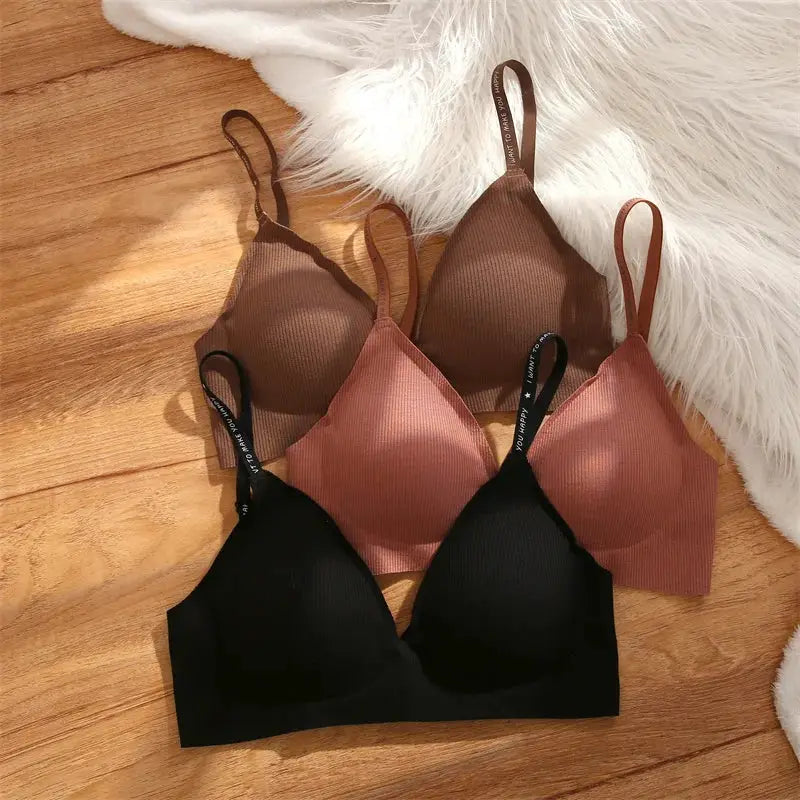 FINETOO wireless padded bralette from Simples Market; ribbed knit deep-V, solid colors black pink brown (4 shown)