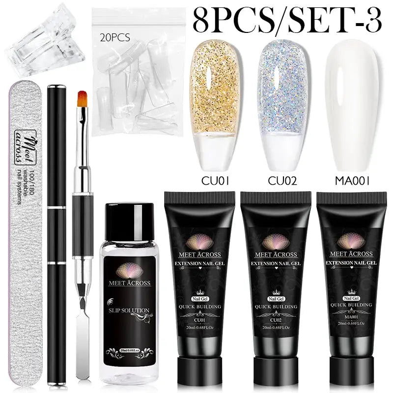 MEET ACROSS extension nail gel set with 3 quick-build gels, slip solution, file, buffer, and 8-piece kit components