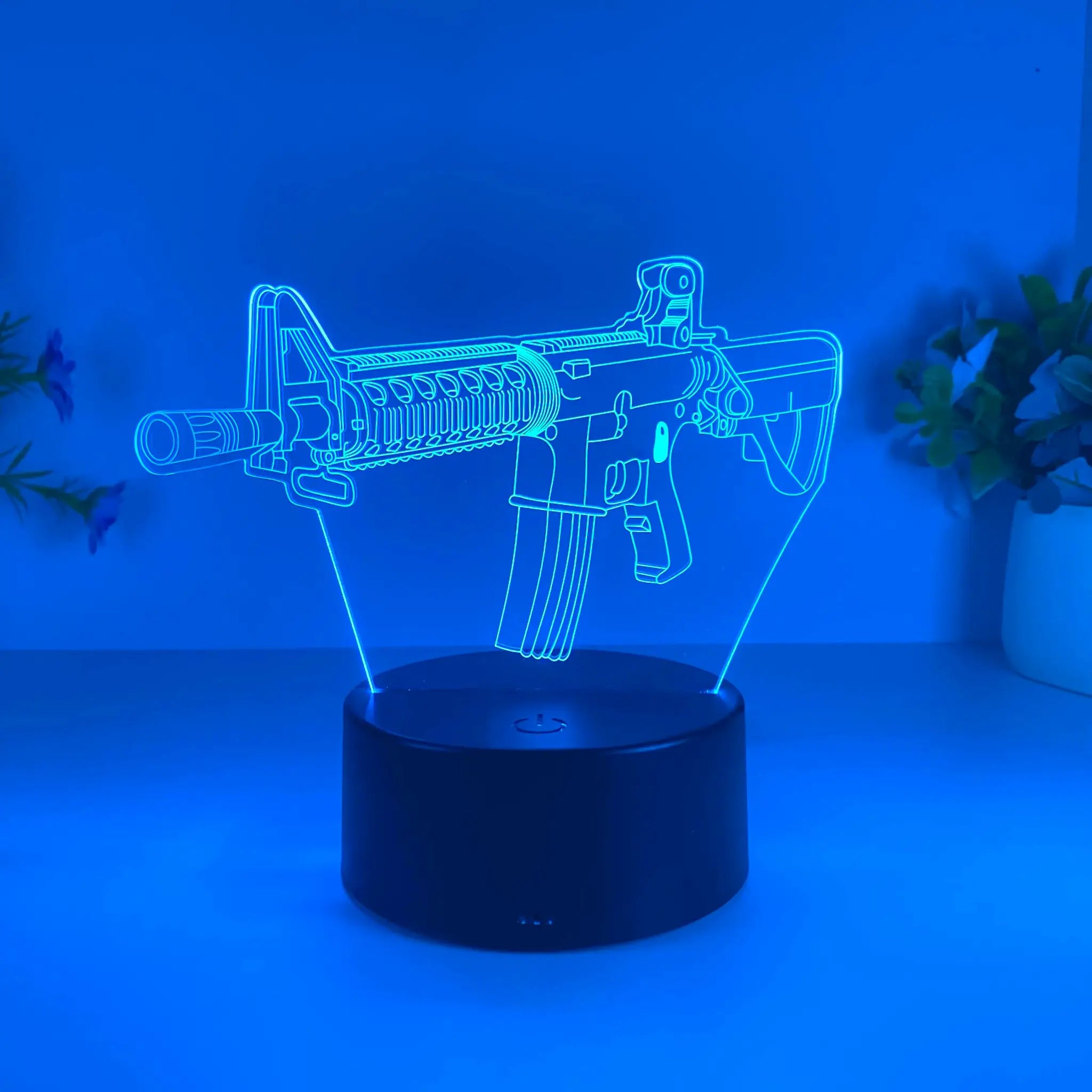 Submachine gun night light by Simples Market, blue LED acrylic USB desk lamp.