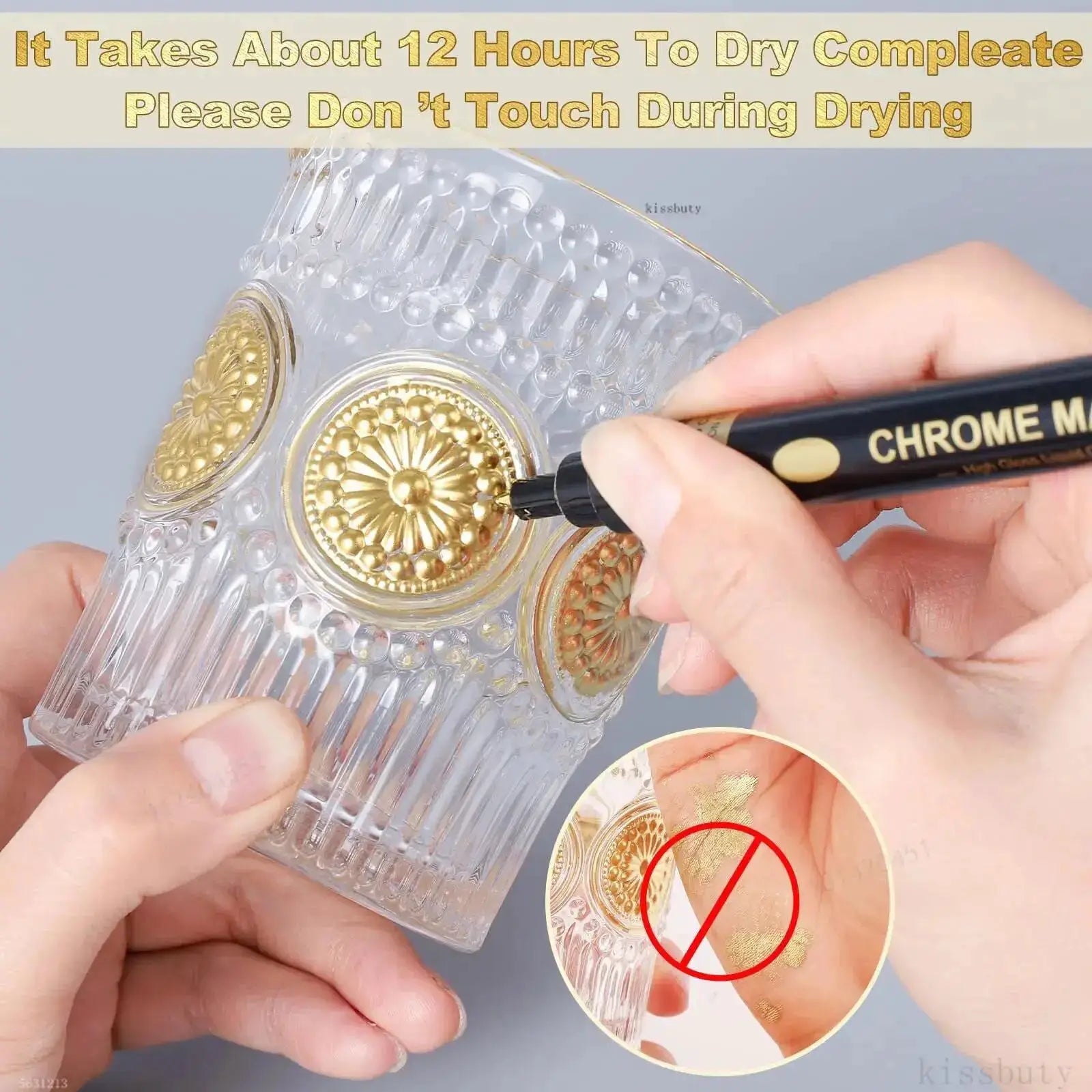 Chrome mirror marker pen, 2mm, applying chrome paint to a gold decorative medallion on a textured clear glass jar