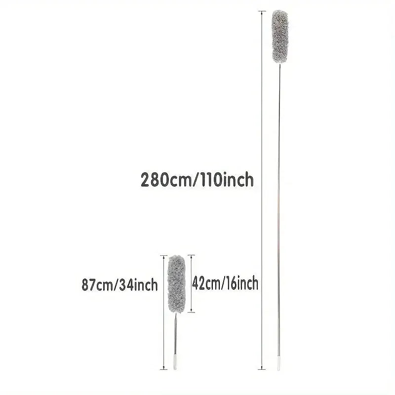 2-piece extendable chicken feather duster set with curved ceiling head, gray microfiber, 2.8m reach