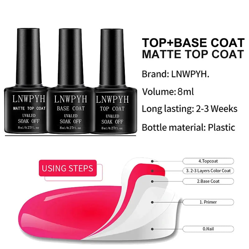 Nail gel polish kit with three LNWPHY bottles labeled base coat, top coat and matte top coat (8ml each) in plastic bottles